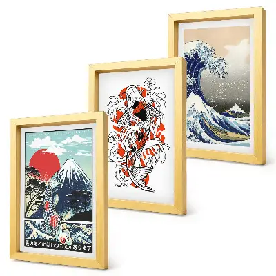 Bilderset mit Rahmen Illustrationen von Fischbergen und der Großen Welle vor Kanagawa im japanischen Stil