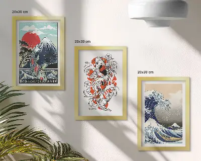 Bilderset mit Rahmen Illustrationen von Fischbergen und der Großen Welle vor Kanagawa im japanischen Stil