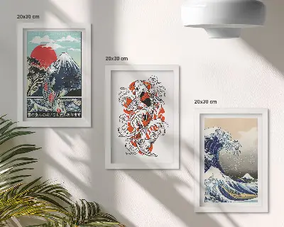 Bilderset mit Rahmen Illustrationen von Fischbergen und der Großen Welle vor Kanagawa im japanischen Stil