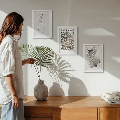Fotowand mit abstraktem Poster in femininem Boho-Stil mit Blattformen