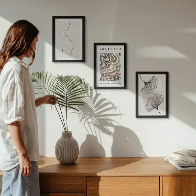 Fotowand mit abstraktem Poster in femininem Boho-Stil mit Blattformen