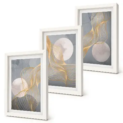 Bilderwand mit abstrakten Mustern aus Wellen und Kreisen auf grauem Hintergrund