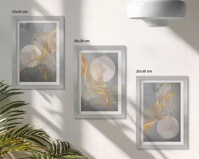 Bilderwand mit abstrakten Mustern aus Wellen und Kreisen auf grauem Hintergrund