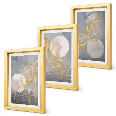 Bilderwand mit abstrakten Mustern aus Wellen und Kreisen auf grauem Hintergrund