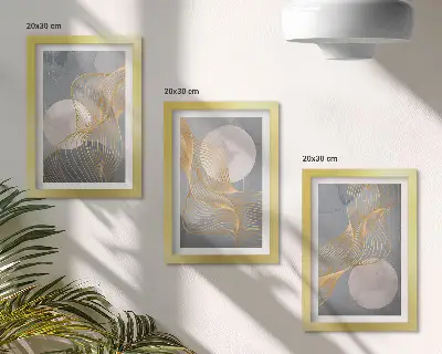 Bilderwand mit abstrakten Mustern aus Wellen und Kreisen auf grauem Hintergrund