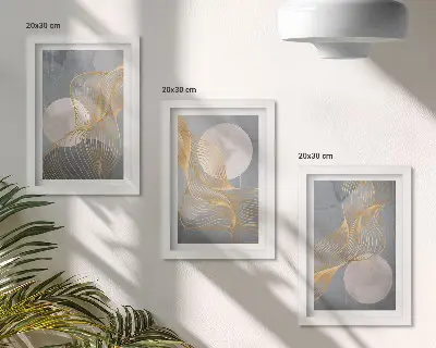 Bilderwand mit abstrakten Mustern aus Wellen und Kreisen auf grauem Hintergrund