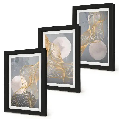 Bilderwand mit abstrakten Mustern aus Wellen und Kreisen auf grauem Hintergrund