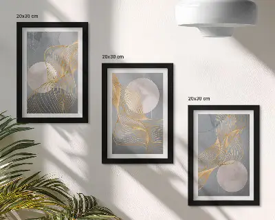 Bilderwand mit abstrakten Mustern aus Wellen und Kreisen auf grauem Hintergrund