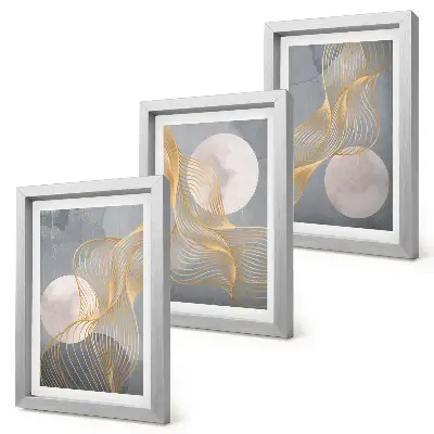 Bilderwand mit abstrakten Mustern aus Wellen und Kreisen auf grauem Hintergrund