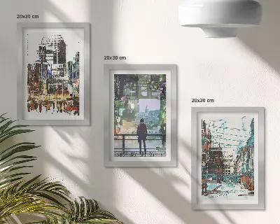 Fotowand mit modernen Städten in Farben und einer Figur im Hintergrund