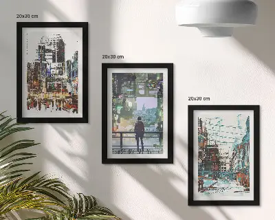 Fotowand mit modernen Städten in Farben und einer Figur im Hintergrund
