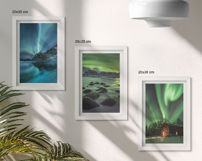 Bilderset mit rahmen Winterlandschaften mit den Nordlichtern über den Bergen
