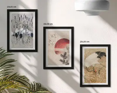 Fotowand mit japanischen Kranichillustrationen in Japandi-Landschaftsoptik