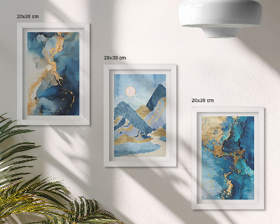 Bilderwand Blaue Berge mit abstrakten Musterelementen