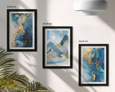 Bilderwand Blaue Berge mit abstrakten Musterelementen