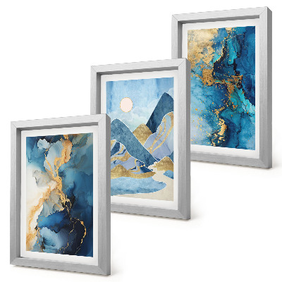 Bilderwand Blaue Berge mit abstrakten Musterelementen