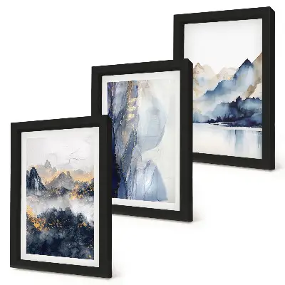 Bilderwand mit Berglandschaften in Blau- und Grautönen