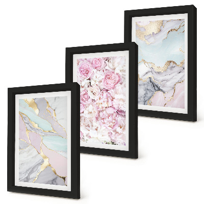 Bilderset mit rahmen Rosa Blumen mit Marmor- und Pastellmuster