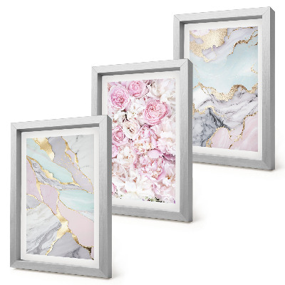 Bilderset mit rahmen Rosa Blumen mit Marmor- und Pastellmuster