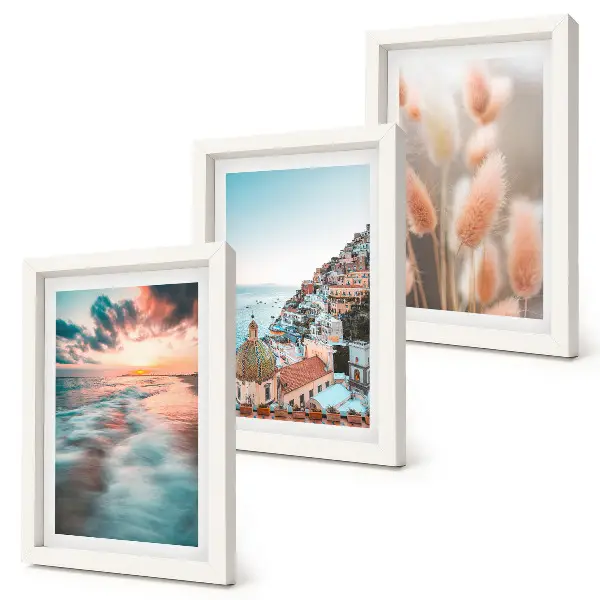 Bilderwand mit Meerblick, Sonnenuntergang, bunten Häusern und Blumen