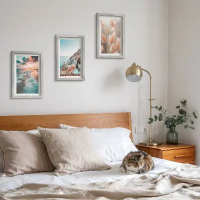 Bilderwand mit Meerblick, Sonnenuntergang, bunten Häusern und Blumen