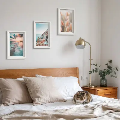 Bilderwand mit Meerblick, Sonnenuntergang, bunten Häusern und Blumen