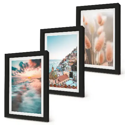 Bilderwand mit Meerblick, Sonnenuntergang, bunten Häusern und Blumen