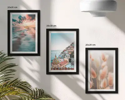 Bilderwand mit Meerblick, Sonnenuntergang, bunten Häusern und Blumen
