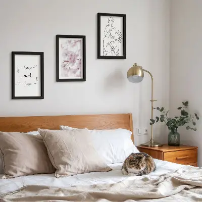 Fotowand mit Blumen und Familie im minimalistischen Design