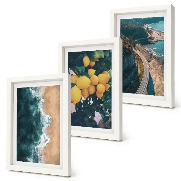 Bilderset mit Rahmen Meer, Strand, Zitronen, Berglandschaft und Küstenstraße