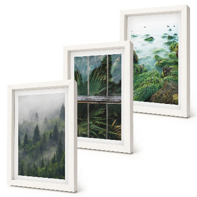 Bilderset mit rahmen Ein Wald im Nebel, ein Flussufer und ein Gewächshaus mit Pflanzen