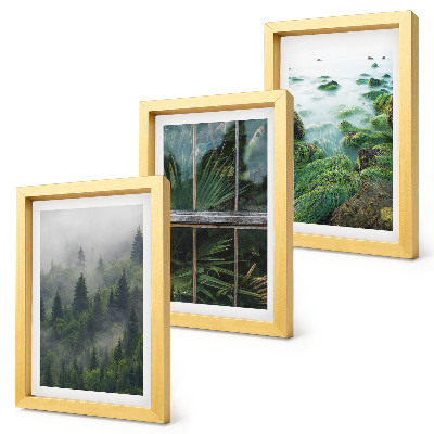 Bilderset mit rahmen Ein Wald im Nebel, ein Flussufer und ein Gewächshaus mit Pflanzen
