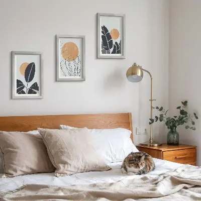 Fotowand mit Pflanzenmuster und großen Sonnen im minimalistischen Stil
