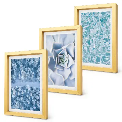 Bilderwand mit Winterwald, blauen Blumen und Wasseroberfläche