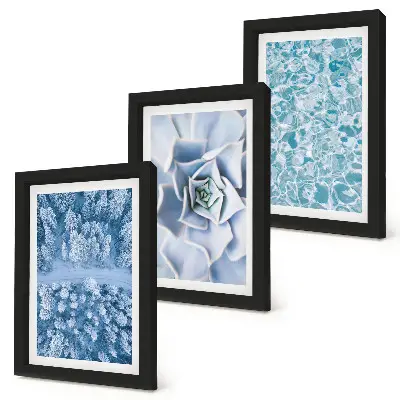 Bilderwand mit Winterwald, blauen Blumen und Wasseroberfläche