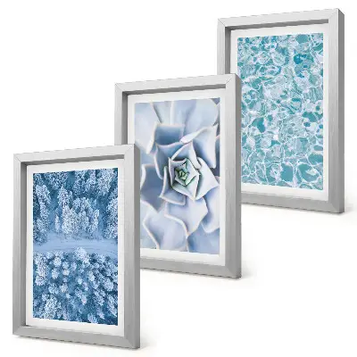 Bilderwand mit Winterwald, blauen Blumen und Wasseroberfläche