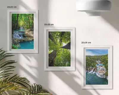 Bilderwand mit Wasserfällen in einem grünen Wald und kristallklarem Wasser
