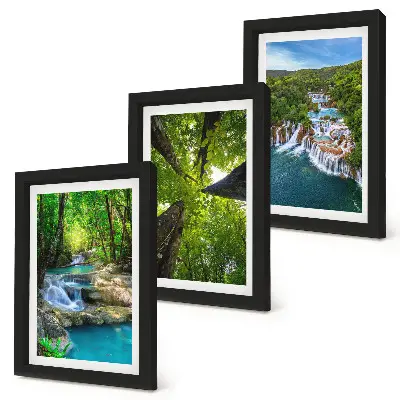 Bilderwand mit Wasserfällen in einem grünen Wald und kristallklarem Wasser