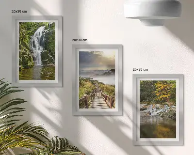 Bilderset mit Rahmen mit Motiven von Wasserfällen, Bergen, Wolkenbahnen und Herbstansichten