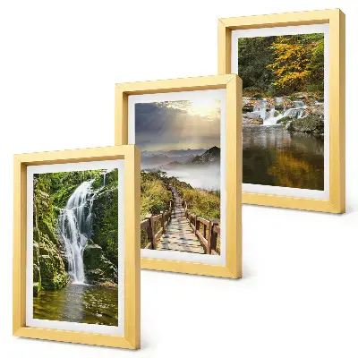 Bilderset mit Rahmen mit Motiven von Wasserfällen, Bergen, Wolkenbahnen und Herbstansichten
