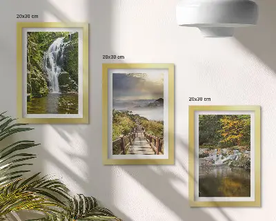 Bilderset mit Rahmen mit Motiven von Wasserfällen, Bergen, Wolkenbahnen und Herbstansichten