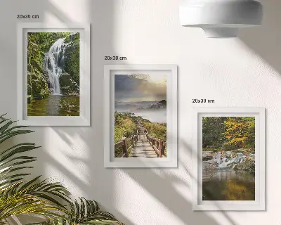 Bilderset mit Rahmen mit Motiven von Wasserfällen, Bergen, Wolkenbahnen und Herbstansichten