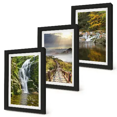 Bilderset mit Rahmen mit Motiven von Wasserfällen, Bergen, Wolkenbahnen und Herbstansichten