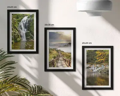 Bilderset mit Rahmen mit Motiven von Wasserfällen, Bergen, Wolkenbahnen und Herbstansichten