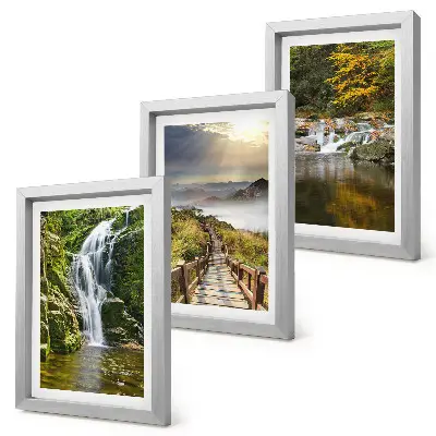 Bilderset mit Rahmen mit Motiven von Wasserfällen, Bergen, Wolkenbahnen und Herbstansichten