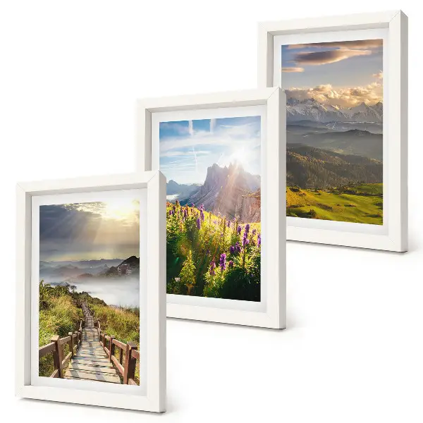 Bilderwand mit Berglandschaften, Blumen, Himmel und Weg
