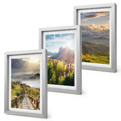 Bilderwand mit Berglandschaften, Blumen, Himmel und Weg