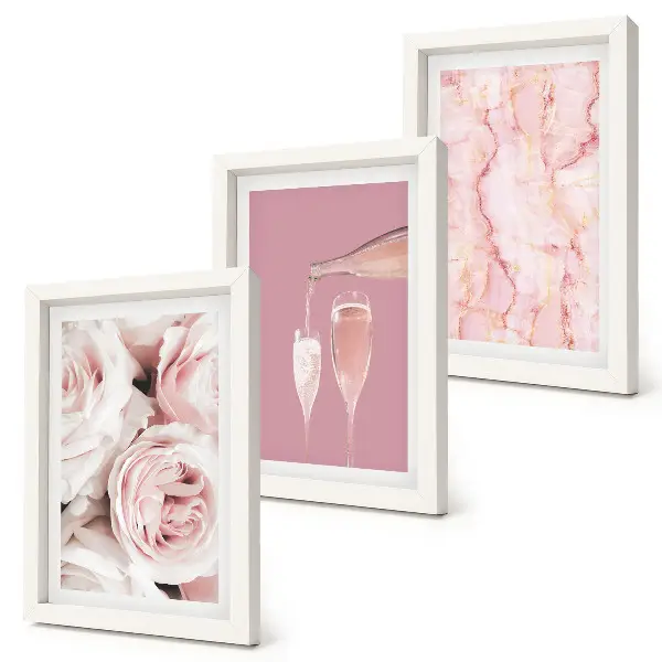Bilderset mit Rahmen champagnerfarbene Rosen auf einem pastellfarbenen Marmorhintergrund