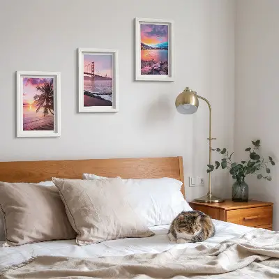 Fotowand mit Sonnenuntergängen über der Brücke und der Wasserlandschaft