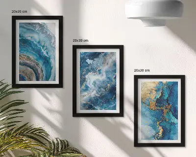 Fotowand mit blauen abstrakten Mustern auf drei Gemälden